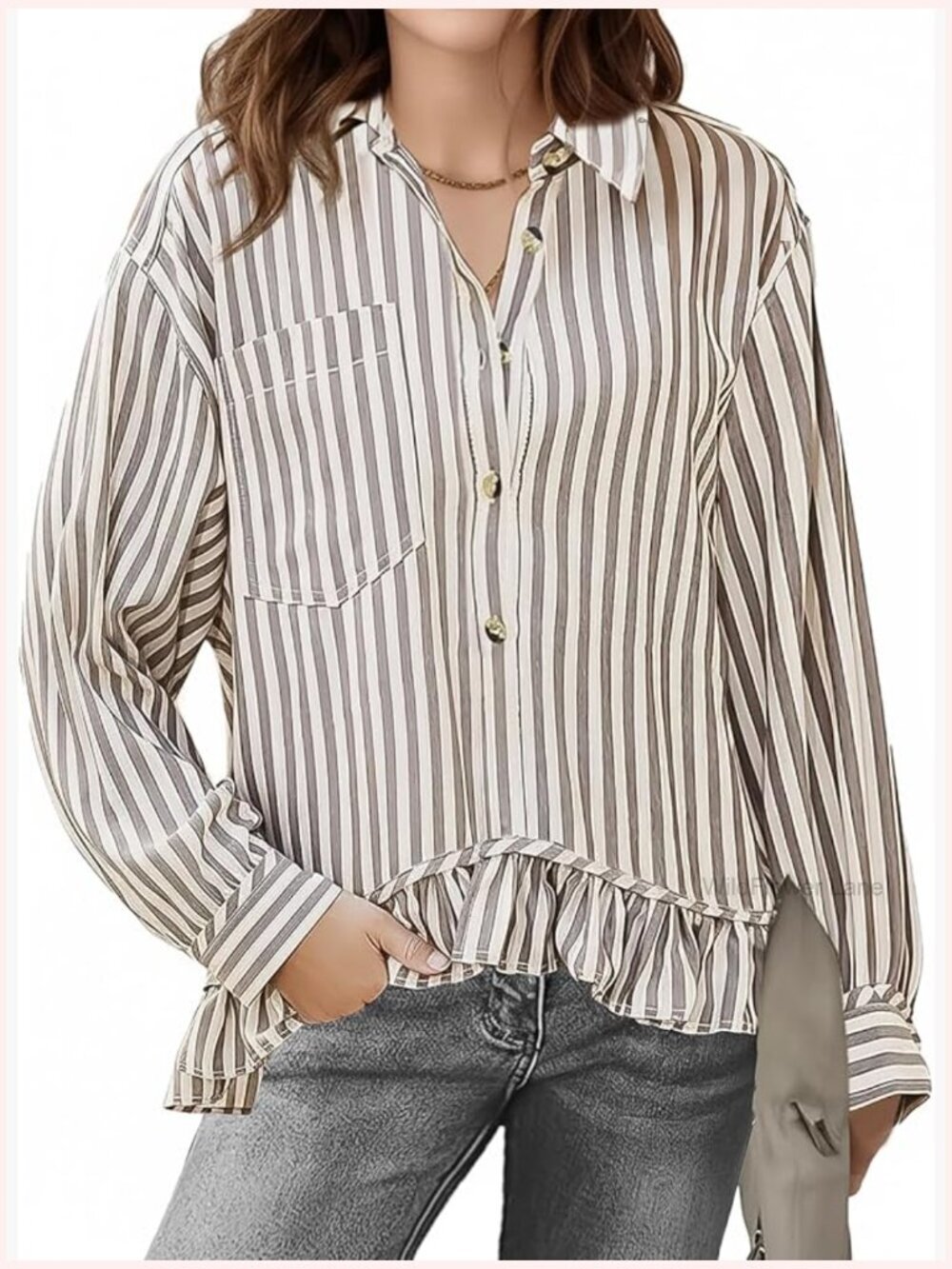 Striped Button Down Long Sleeve Blouse with Ruffle Hem & Pocket